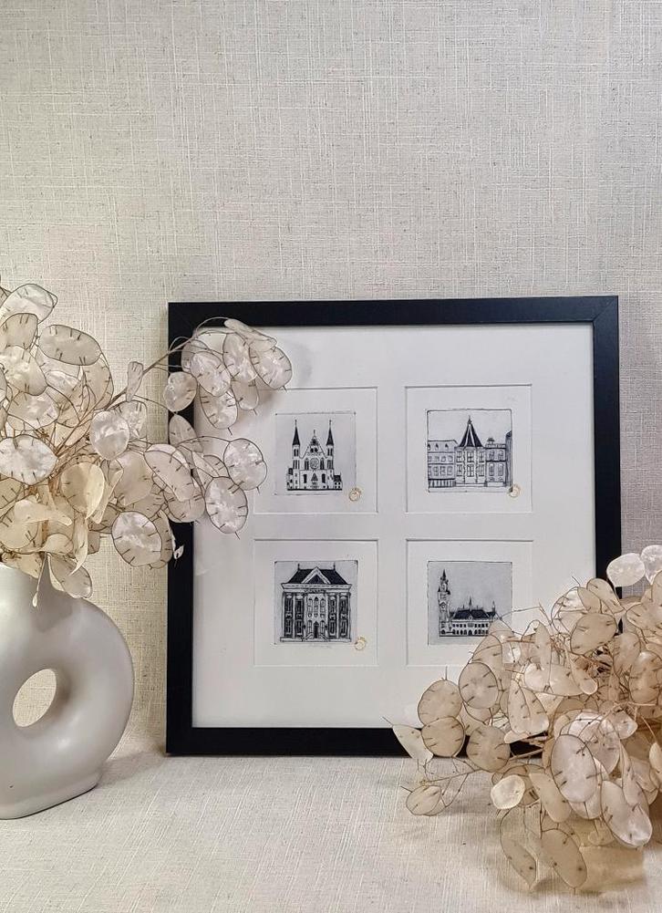 Vierluik etsjes Den Haag 30x30 cm incl. lijst, Huis en Inrichting, Woonaccessoires | Lijsten, Nieuw, Minder dan 50 cm, Minder dan 50 cm