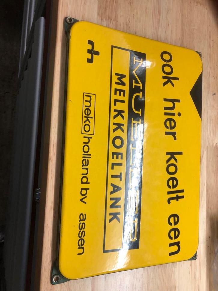 Meko Holland Emaille Bord - Mueller Melkkoeltank, Antiek en Kunst, Antiek | Emaille, Ophalen of Verzenden