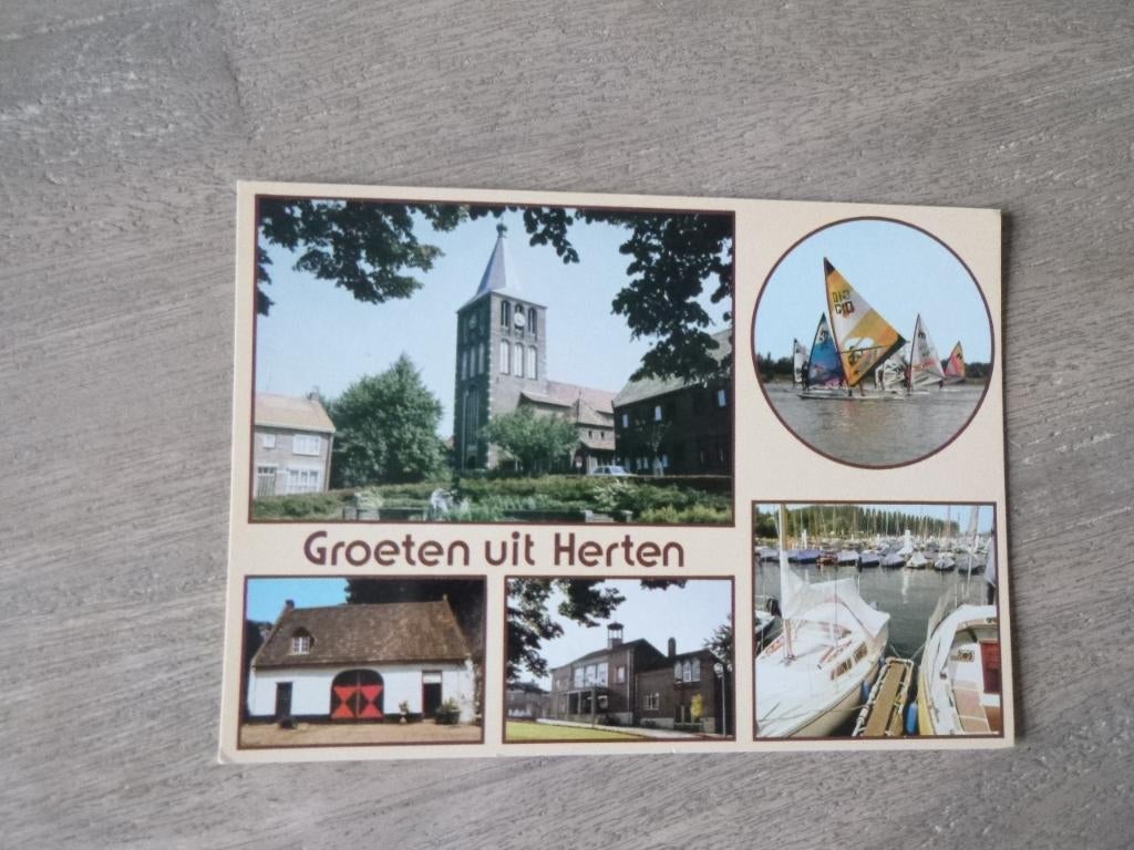 Herten, kerk/boten, jachthaven Oude Borgh/gemeentehuis 1985, Ophalen of Verzenden, 1980 tot heden, Ongelopen