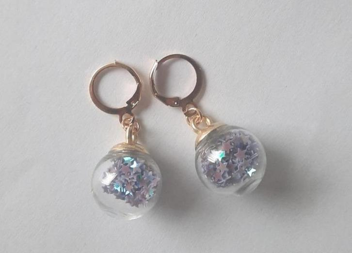 Glazen bal oorbellen, Glitter ster paars of fruit., Sieraden, Tassen en Uiterlijk, Oorbellen, Nieuw, Overige materialen, Paars