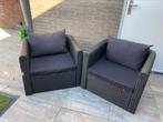Twee fauteuils met kussens poly rattan zwart, Tuin en Terras, Wicker, Nieuw, Stoel, 2 zitplaatsen