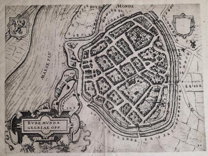 Antieke kaart van Roermond (1613), Antiek en Kunst, Kunst | Etsen en Gravures, Ophalen of Verzenden