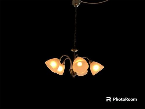 Te koop chroom plafond hanglamp # 5-lichts # glazen kapjes, Huis en Inrichting, Lampen | Plafondlampen, Zo goed als nieuw, Ophalen of Verzenden