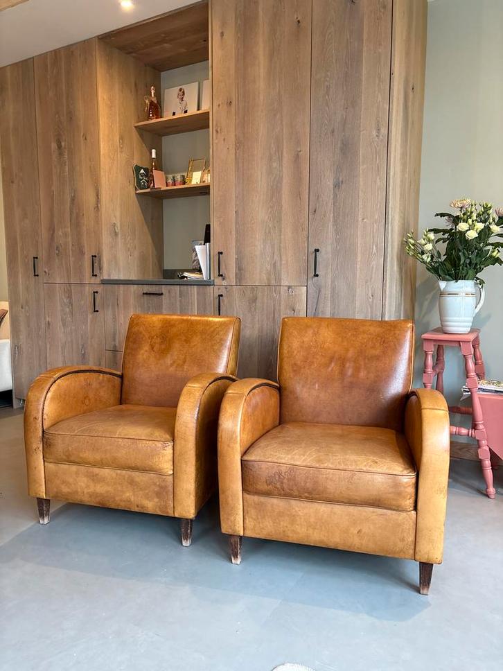 Vintage leren cognac kleur fauteuils (set van 2), Huis en Inrichting, Fauteuils, Gebruikt, Leer, 75 tot 100 cm, Ophalen of Verzenden