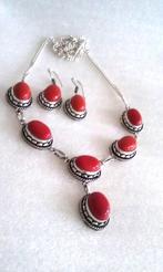 zilver ketting oorbellen met koraal edelsteen, Verzenden, Nieuw, Met edelsteen, Rood