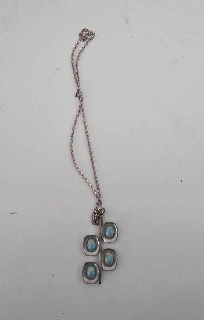 Jaren '50 Jorgen Jensen tinnen hanger turquoise, Sieraden, Tassen en Uiterlijk, Antieke sieraden, Hanger, Overige materialen, Ophalen of Verzenden