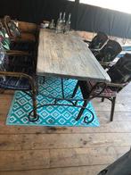 Tafel smeedijzer onderstel eiken blad + alu stoelen + kussen, Ophalen, 50 tot 100 cm, Zo goed als nieuw, Vijf personen of meer