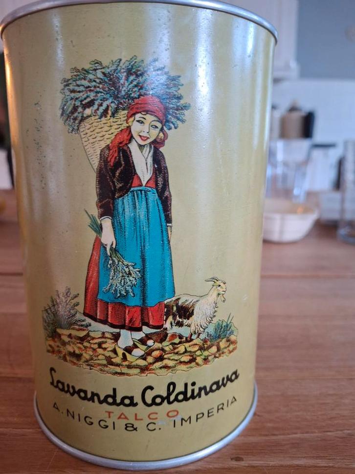 Vintage Lavanda Coldinava Talc Blik, Antiek en Kunst, Curiosa en Brocante, Ophalen of Verzenden