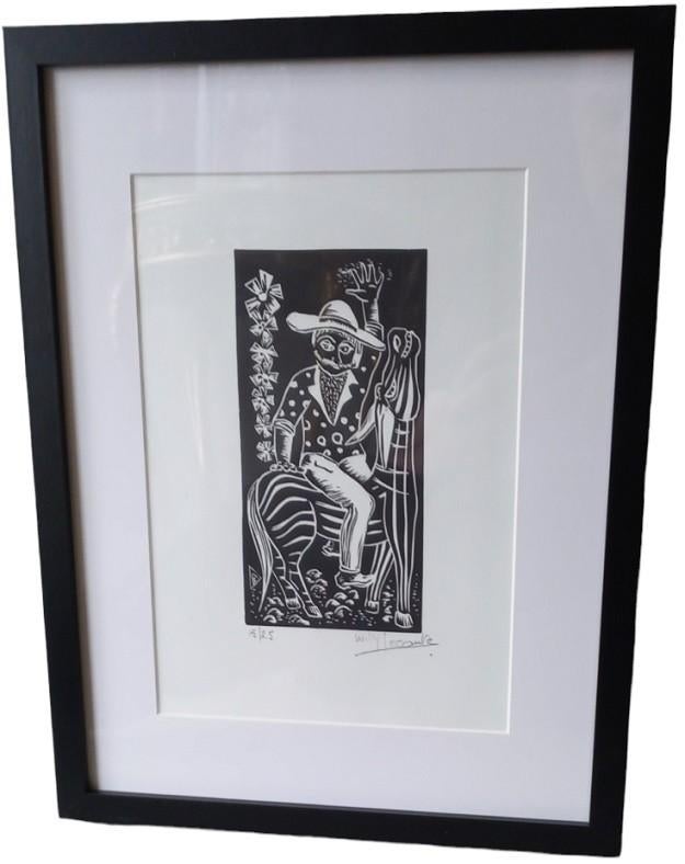 Willy Lecomte houtsnede "zelfportret te paard"., Ophalen of Verzenden