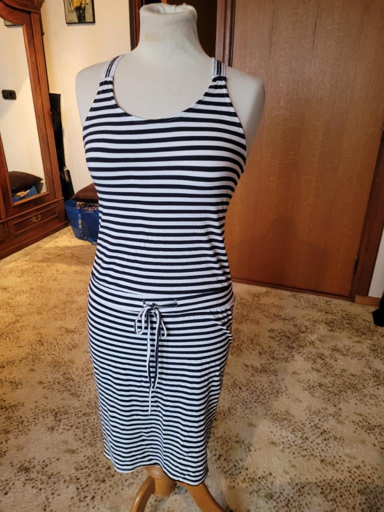 Savinni zomer jurk S/M blauw/wit gestreept, Kleding | Dames, Blauw, Ophalen of Verzenden, Zo goed als nieuw, Onder de knie