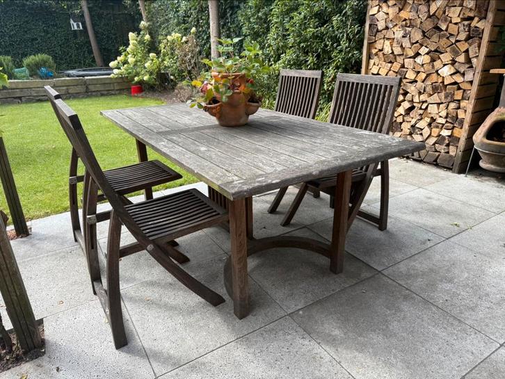 Tribu- Teakhouten tuinset- tafel en 6 stoelen, Tuin en Terras, Tuinsets en Loungesets, Gebruikt, Tuinset, Teakhout, 6 zitplaatsen