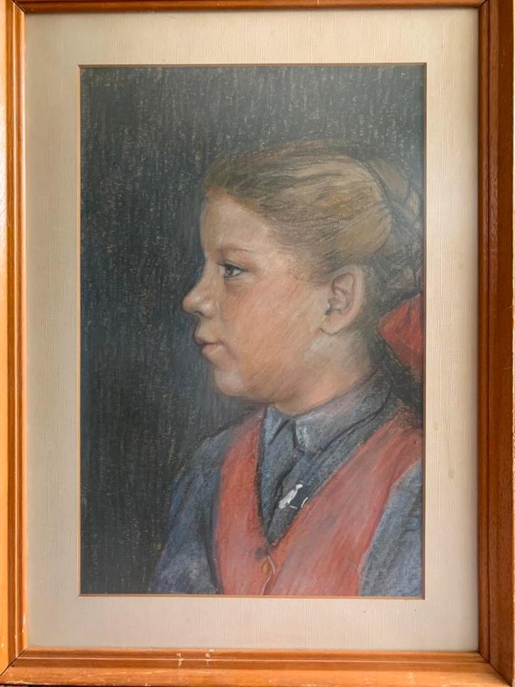 Vintage pasteltekening meisje, Antiek en Kunst, Kunst | Tekeningen en Foto's, Ophalen of Verzenden