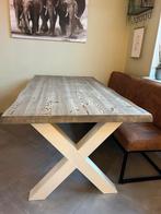 Massief houten tafel light grey x poot + tafelkleed, Huis en Inrichting, Tafels | Eettafels, Ophalen, 100 tot 150 cm, Zo goed als nieuw