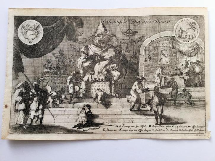 Duivelsdienst in Calcutta, zeldzame prent 1685., Antiek en Kunst, Kunst | Etsen en Gravures, Verzenden