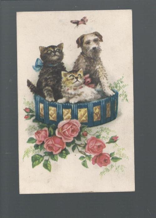 3001 Oude kunstkaart dieren poes poezen kat katten hondje, Verzamelen, Ansichtkaarten | Dieren, Ongelopen, Hond of Kat, Verzenden