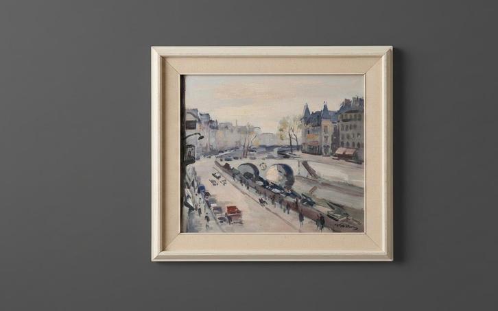 Jan Korthals (1916-1972) Stadsgezicht met brug - gesigneerd, Antiek en Kunst, Kunst | Schilderijen | Klassiek, Ophalen of Verzenden