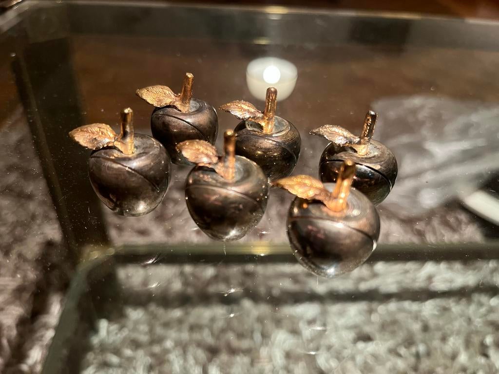 6 naamkaart houders Zilverkleurige Appeltjes met Gouden Blad, Overige materialen, Gebruikt, Overige typen, Ophalen of Verzenden