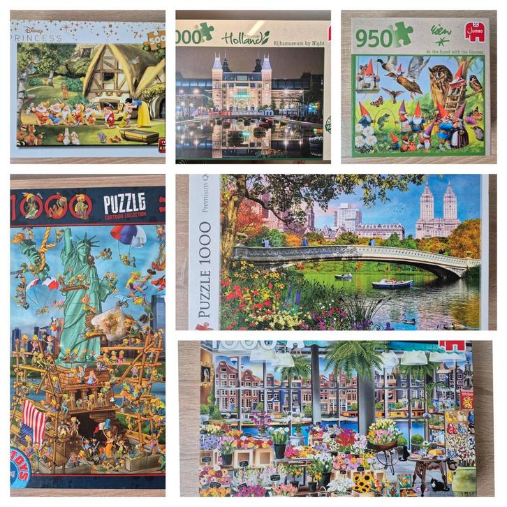 6 legpuzzels New York, A'dam, Disney, Kabouter 1000 stukjes, Hobby en Vrije tijd, Denksport en Puzzels, Gebruikt, Legpuzzel, 500 t/m 1500 stukjes