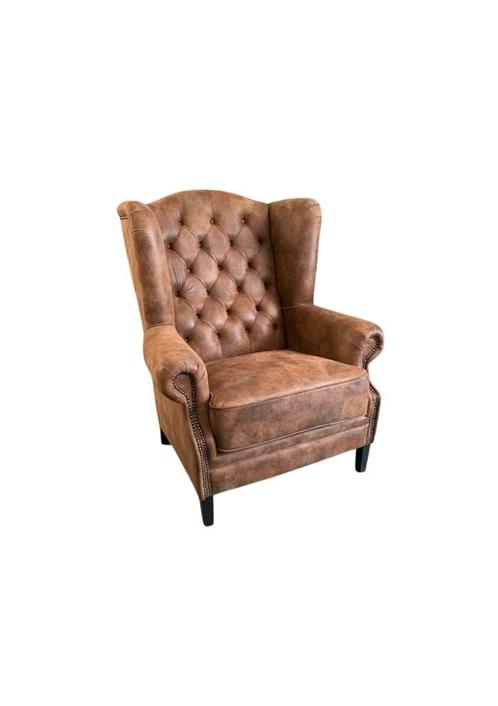 Suede oorfauteuil - Cognac - Chesterfield look, Huis en Inrichting, Fauteuils, Zo goed als nieuw, Hout, Leer, 50 tot 75 cm, Minder dan 75 cm