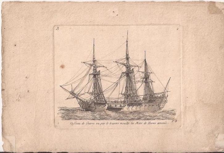 Vaisseau de Guerre vu par le travers mouillé les mats de hun, Antiek en Kunst, Kunst | Etsen en Gravures, Ophalen of Verzenden
