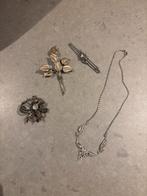 Vintage Sieraden Set: Ketting & Broches, Ophalen of Verzenden, Gebruikt, Zilver, Met strass