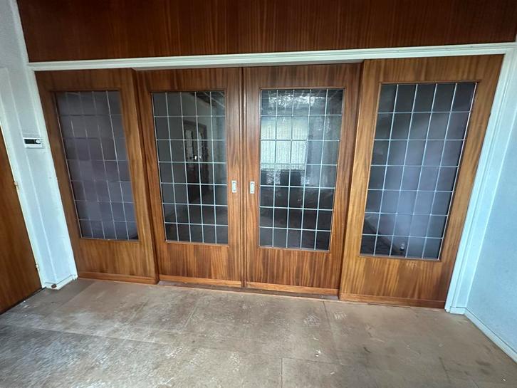 Houten schuifpui met glas in lood ramen, Doe-het-zelf en Verbouw, Deuren en Horren, Gebruikt, Binnendeur, 215 cm of meer, 120 cm of meer