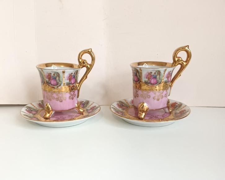 2 antieke Limoge kop en schotels Fragonard rose goud, Antiek en Kunst, Antiek | Porselein, Verzenden