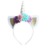 Unicorn diadeem hoorntje wit / goud met oortjes en bloemen, Nieuw, Pruik of Haarverlenging, Verzenden