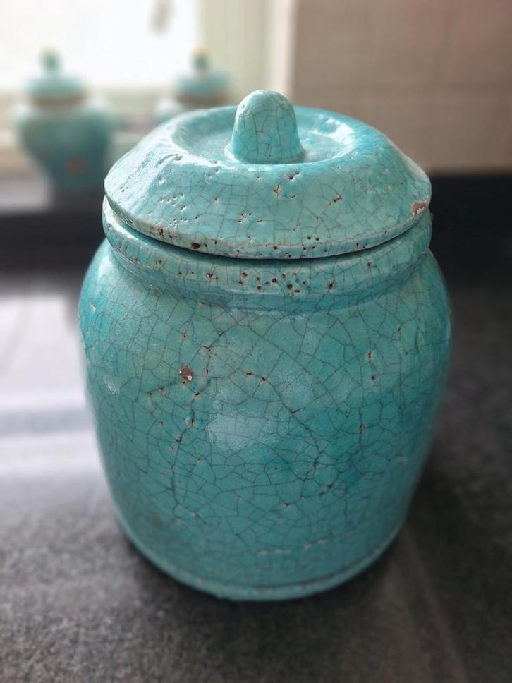 Mooie Zware Stenen Geglazuurde Turquoise Pot met deksel, Huis en Inrichting, Keuken | Potten en Pannen, Zo goed als nieuw, Pot, Bus of Blik