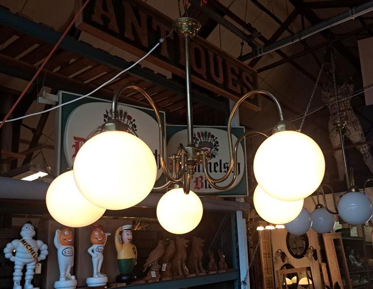 3 mooie grote oude Horeca lampen messing met glazen bollen, Antiek en Kunst, Antiek | Lampen, Ophalen