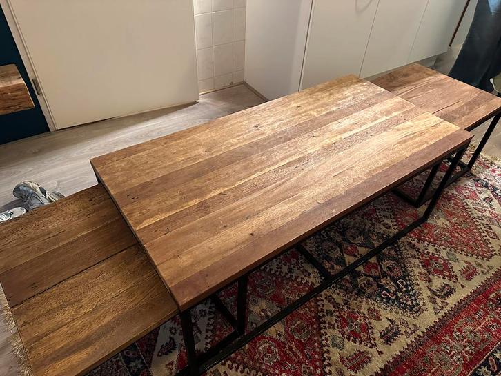 Industriële salontafelset – eikenhout & zwart staal (3-delig, Huis en Inrichting, Tafels | Salontafels, Zo goed als nieuw, Minder dan 50 cm