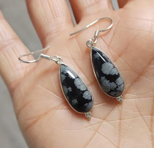 zilveren oorbellen met Sneeuwvlok Obsidiaan steen zilver 925, Sieraden, Tassen en Uiterlijk, Oorbellen, Nieuw, Zilver, Grijs, Met edelsteen