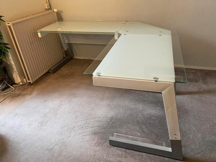 Prachtig luxueus glazen hoekbureau, Huis en Inrichting, Bureaus, Zo goed als nieuw, Bureau, Ophalen