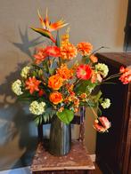 Groot herfstboeket zijde bloemen met glazen vaas, Ophalen, Zo goed als nieuw