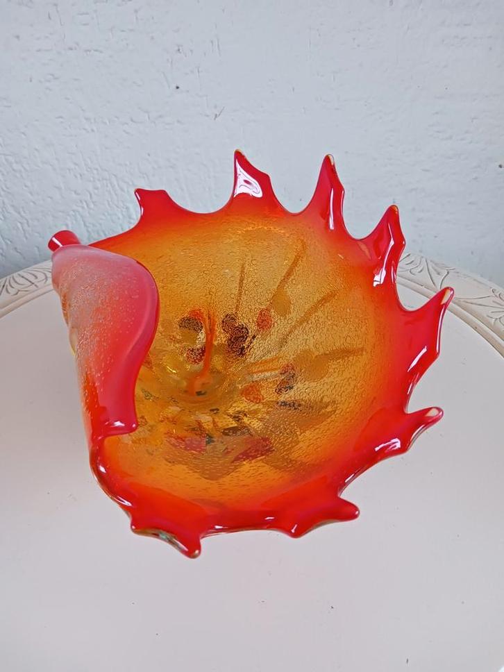Murano Fruitschaal Schelpvorm Oranje met Zilver Bubbels, Antiek en Kunst, Antiek | Glas en Kristal, Ophalen of Verzenden
