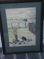 HANS GIEZEN, Mooie Aquar/Pastel Dieren Voeren bij het Hok, Ophalen, Minder dan 50 cm, Oorspronkelijke maker, Schilderij