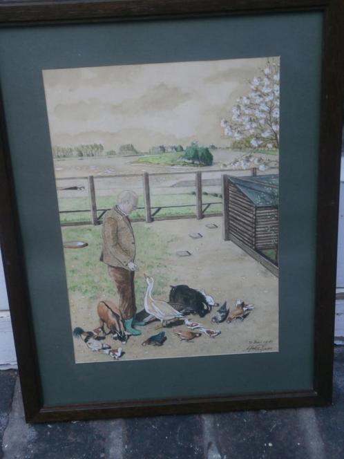 HANS GIEZEN, Mooie Aquar/Pastel Dieren Voeren bij het Hok, Huis en Inrichting, Woonaccessoires | Schilderijen, Tekeningen en Foto's