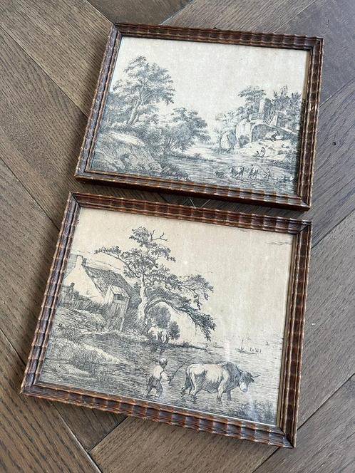 Twee 18e Eeuwse Etsen - Landschap met dieren!, Antiek en Kunst, Kunst | Tekeningen en Foto's, Ophalen of Verzenden