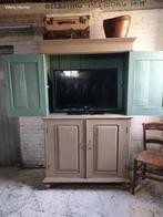 Brocante antieke grote tv kast uniek Taupe buffetkast, Ophalen of Verzenden