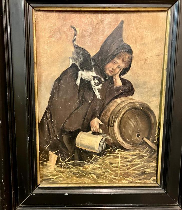 Dronken jonge monnik met kat rond 1900, Antiek en Kunst, Kunst | Schilderijen | Klassiek, Ophalen of Verzenden