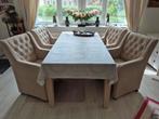 ZGAN 4 eetkamerstoelen op wieltjes - beige microleder, Ophalen, Overige kleuren, Stof, Zo goed als nieuw