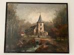 Authentiek landschap kerk schilderij op doek P. Vosman, Antiek en Kunst, Ophalen of Verzenden