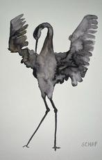 Aquarel kraanvogels abstract, Antiek en Kunst, Ophalen of Verzenden