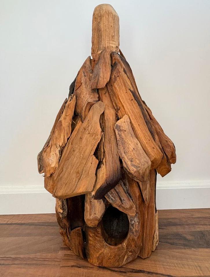 Handgemaakt teak-houten vogelhuis - ROND +/- 50cm hoog, Antiek en Kunst, Kunst | Beelden en Houtsnijwerken, Ophalen of Verzenden