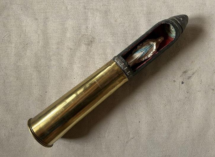 wo1 - Trench art 18 Pdr met mariabeeldje 1917 - LEEG, Verzamelen, Militaria | Algemeen, Landmacht, Hulzen of Bodemvondsten, Engeland