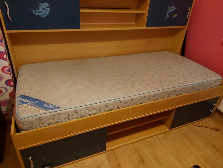 Complete tienerkamer - bed, kast, bureau, Huis en Inrichting, Slaapkamer | Bedden, Gebruikt, Eenpersoons, 90 cm, 200 cm, Hout