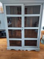 Brocante landelijke grijs houten vitrinekast, Huis en Inrichting, Kasten | Buffetkasten, Ophalen, Gebruikt, 100 tot 150 cm, 150 tot 200 cm
