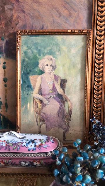 Aquarel portret dame in stoel beschikbaar voor biedingen