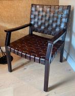 Design Fauteuil mid-century stijl met lederen banden, Huis en Inrichting, Fauteuils, Ophalen, Gebruikt, Minder dan 75 cm, Onbekend