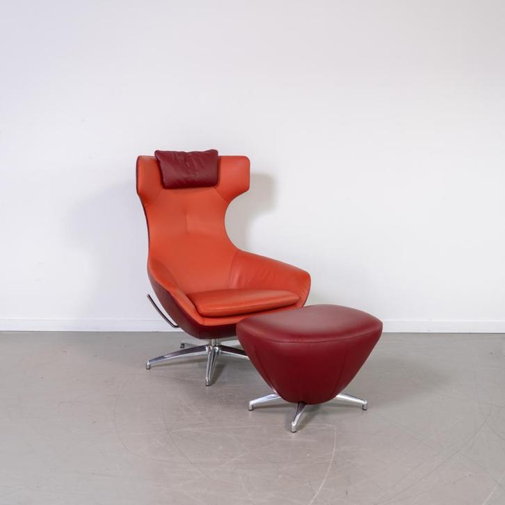 1x Leolux Caruzzo PLUS Fauteuil + Voetenbank Donkerrood Leer, Huis en Inrichting, Fauteuils, Zo goed als nieuw, Leer, Metaal, 75 tot 100 cm